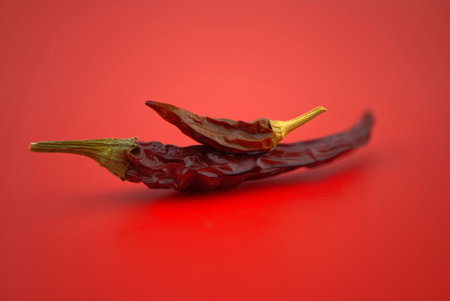Dried chili peppers on red background.