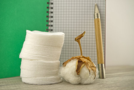 Natural cotton stem boll and stack of makeup remover facial cotton pads placed in front of of wire bound notepad. Organic production conceptの写真素材
