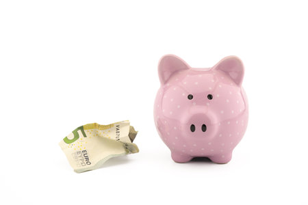 Crumpled banknotes of the euro and cute pink piggy bank on white with copy space for financial or savings conceptsの写真素材