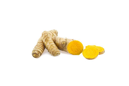 Group of raw turmeric roots isolated on white backgroundの写真素材
