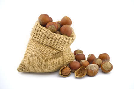 Small hessian bag filled with whole ripe hazelnuts spilling onto a white backgroundの写真素材