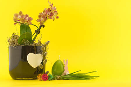 Easter Decoration with flowers, egg shaped candle, willow branch and bundle of wheat seedlings over...