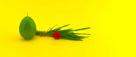 Minimalistic style Easter banner with egg shaped candle and bundle of wheat seedlings tied with...