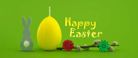 Easter holiday banner with yellow egg shaped candle, willow branch and Easter Rabbit figure over a...
