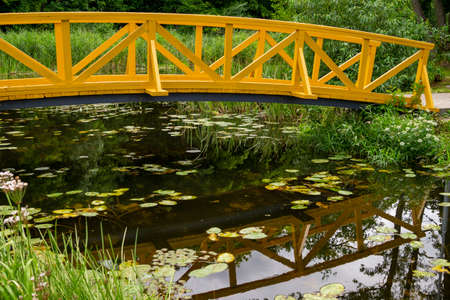 Arched wooden pedestrian bridge curving away and reflections in pond waterの写真素材