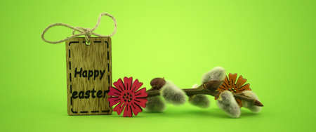 Minimalistic style Easter banner and wooden label with text Happy Easter on green background with...