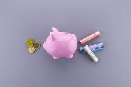 Wealth, investment or savings concept with piggy bank and Euro money with assorted banknotes and coins viewed top down on a wooden table with copyspaceの写真素材