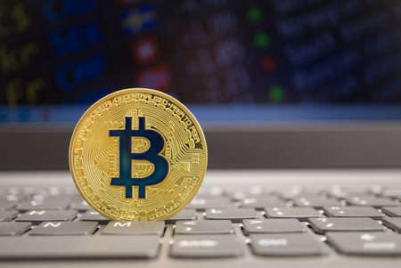 Bitcoin on the computer keyboard in front of the monitors with currency exchange schedules. Digital or virtual currency price increase concept, selective focusの写真素材