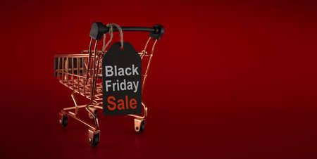 Black Friday Sale tag and golden shopping cart over red background in a panoramic format to use as header or web banner with copy space for text. Black Friday sale, shopping conceptの写真素材