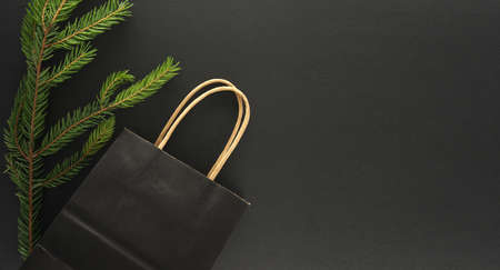 Fir branch and black paper shopping bag on black background with copy space for text, flat lay top view template. Black Friday sale, shopping conceptの写真素材