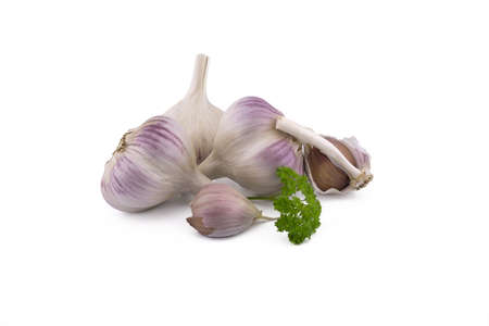 Garlic bulbs, cloves and green parsley twig in close-up isolated on white backgroundの写真素材
