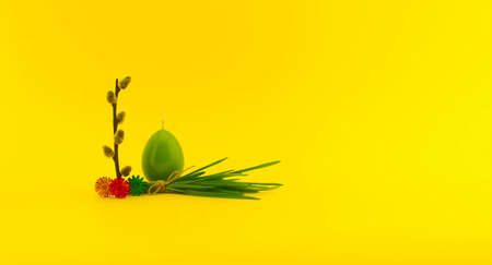 Easter holiday or spring banner with pussy willow branch, bundle of wheat seedlings tied with linen...