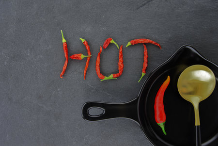 HOT spicy chili pepper still life with text formed from dried pods, gold eating utensils and a fresh chilli pepper in a skillet over grey backgroundの写真素材