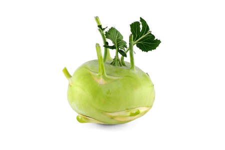 Fresh kohlrabi with green leaves isolated on white backgroundの写真素材