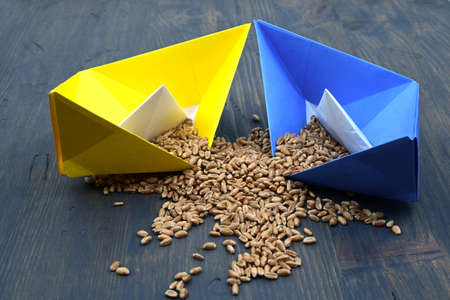 Ukrainian flag colors origami boats and wheat grain. Concept of grain floating problemsの写真素材