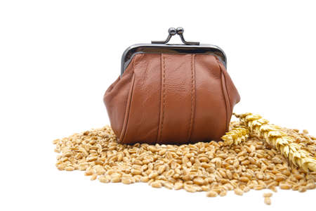 Wheat grain seeds and brown vintage leather purse near to ripe wheat ears, healthy diet and grain...