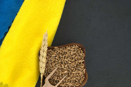 Ukrainian flag colors blue and yellow kitchen towels near wheat seeds in a wooden plate and wooden scoop over a black background with copy space viewed topの写真素材