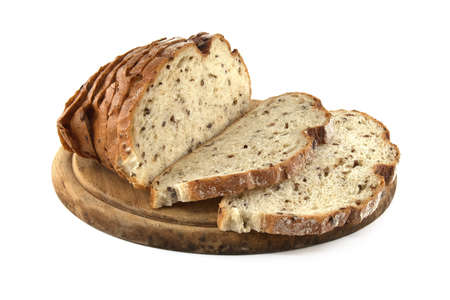 Sliced wheat bread with sprouted rye isolated on a white background. Bread slices in a low angle...