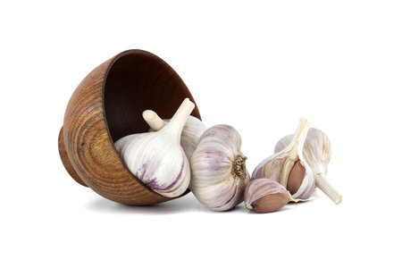 Freshly harvested garlic bulbs spilling from wooden bowl isolated on white backgroundの写真素材