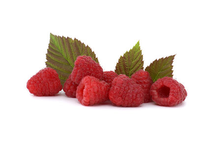Red ripe raspberry berries with green leaves. Side view, isolated on white backgroundの写真素材