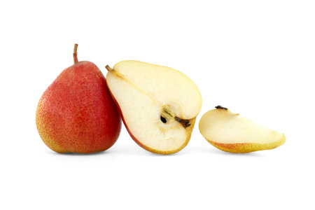 Fresh whole and half cut pear isolated on white backgroundの写真素材
