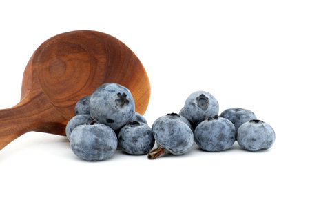 Heap of fresh blueberries isolated on white background, full depth of fieldの写真素材