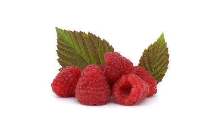 Red ripe raspberry berries with green leaves. Side view, isolated on white backgroundの写真素材