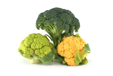 Colorful cauliflower cabbages with green broccoli on white background. Healthy foodの写真素材