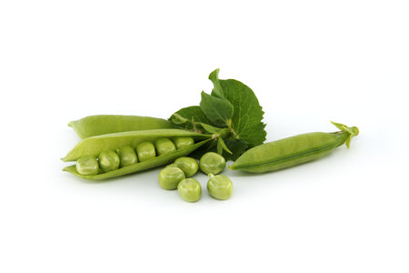 Fresh green peas and pea pods with green leaves isolated on a white backgroundの写真素材