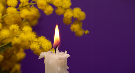 Banner size image of burning candle and yellow mimosa flowers against a purple background with free copy space for textの写真素材