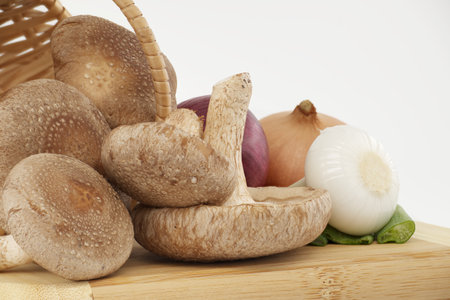 Shiitake mushrooms and various kinds of onions on a wooden cutting board over on white background. Recipes and medicinal herbsの写真素材