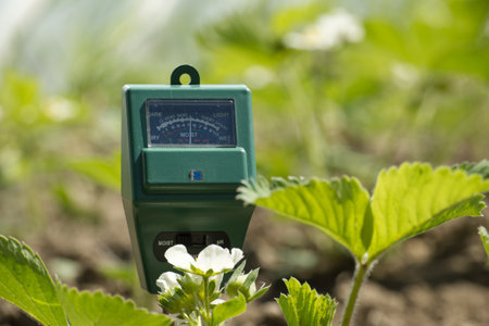Agricultural meter to measure the soil pH, light and moisture level of the soil among the blooming strawberry plantsの写真素材