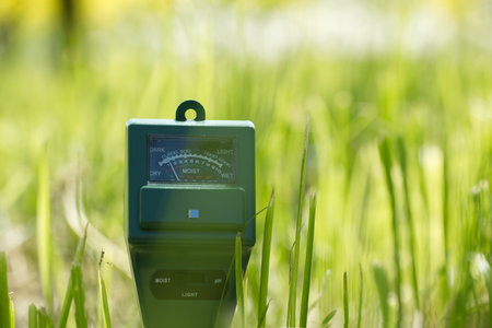 Soil moisture, light intensity and PH testing meter in close up, agriculture technology conceptの写真素材