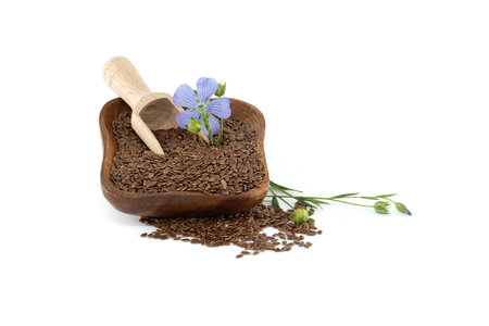 Flax seeds in wooden bowl and blue flax blossom in close up isolated on white backgroundの写真素材