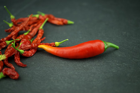 Fresh and dried whole red hot chili peppers. Spicy food conceptの写真素材