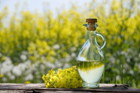 Sprigs of vivid yellow rapeseed flowers near oil decanter with reflections of yellow rape fields on a rustic tableの写真素材