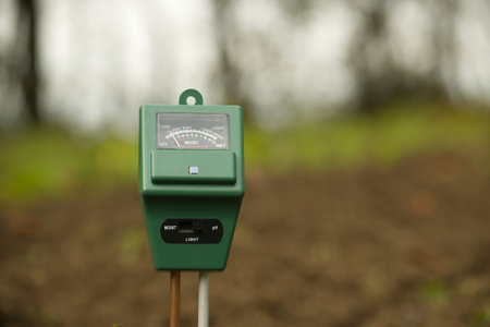 Agricultural meter to measure the soil pH, light and moisture level of the soil in a fieldの写真素材