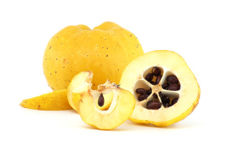Vibrant quince fruits, both sliced and whole isolated on white background, full depth of field, Chaenomeles japonica or Japanese quinceの写真素材
