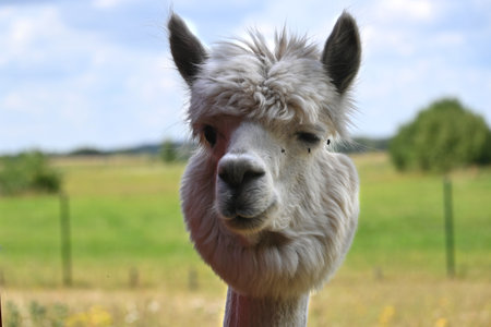 White alpaca standing in the foreground, facing the camera with wide eyes and upright ears, with a notable fluffy tuft of hair on its headの写真素材