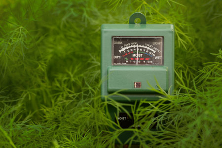 Green plants and three way meter PH, light and moisture in the soil. High technology agriculture conceptの写真素材