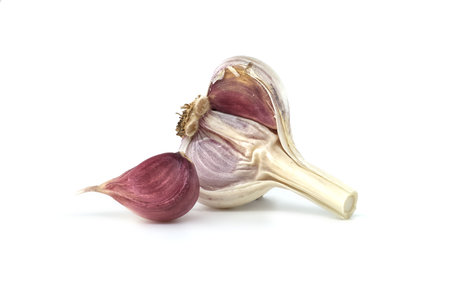 Fresh garlic bulbs and cloves isolated on a white background, highlighting their aromatic and organic qualities.の写真素材