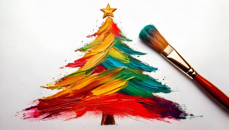 Colorfully painted christmas tree featuring vibrant brushstrokes and a paintbrush against a white background, embodying creativity, artistic expression, and the joyful holiday spiritの素材