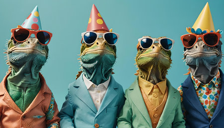 Four stylish lizards wearing colorful suits, party hats, and sunglasses are ready to celebrate a birthday in styleの素材