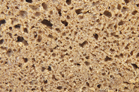 Close-up view of the porous texture of a dark bread, showcasing its air pockets and dense crumb