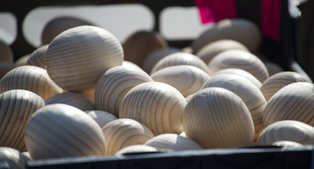 A close-up shot shows wooden eggs piled in a crate, perfect for Easter crafts or rustic decorations with a simple design.の写真素材
