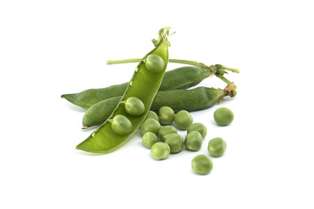 Fresh green peas, some in pods, others scattered, set against a clean white background, ready to be eaten.の写真素材