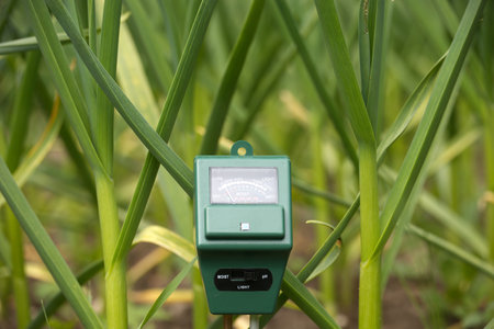Green moisture and pH measuring device placed among tall green plants in crop field, illustrating agricultural technology for soil analysis water monitoring and optimizing growth conditions in farmingの写真素材