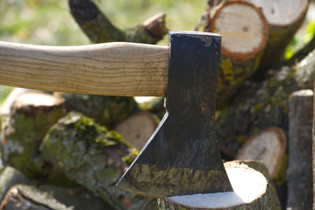 A close-up shot shows a sharp axe resting on a wood log, showcasing the tool's blade and handle with wooden logs in the background.の写真素材