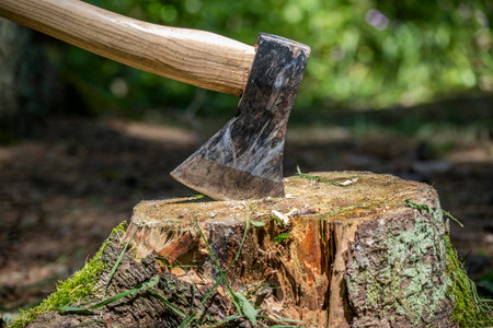 An axe is embedded in a tree stump, with a wooden handle, outdoors in a forest setting, close up view.の写真素材