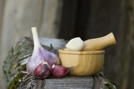 Wooden mortar and pestle with garlic cloves on a natural wooden surface, enhancing a rustic and organic ambiance.の写真素材